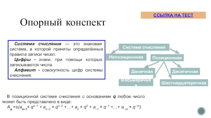 Опорный конспектНепозиционнаяВ позиционной системе счисления с основанием q любое число может быть