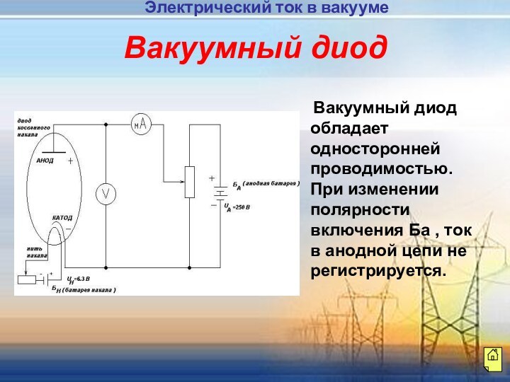 Вакуумный диод обладает односторонней проводимостью. При изменении полярности включения Ба