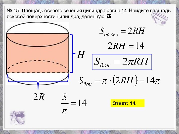 № 15. Площадь осевого сечения цилиндра равна 14. Найдите площадь боковой поверхности