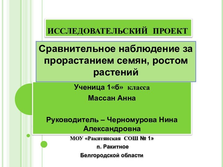 ИССЛЕДОВАТЕЛЬСКИЙ ПРОЕКТУченица 1«б» классаМассан АннаРуководитель – Черномурова Нина АлександровнаМОУ «Ракитянская СОШ №