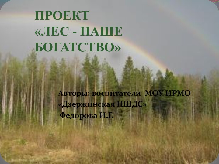 ПРОЕКТ  «ЛЕС - НАШЕ БОГАТСТВО»Авторы: воспитатели МОУ ИРМО«Дзержинская НШДС» Федорова И.Г.