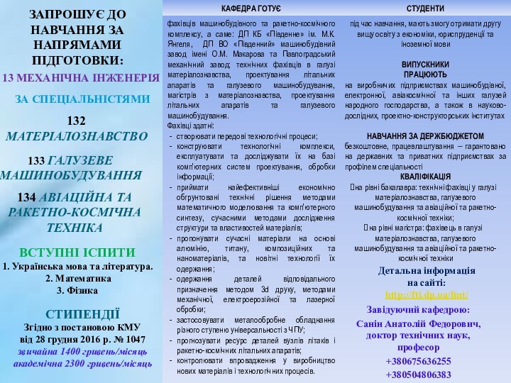 ЗАПРОШУЄ ДО НАВЧАННЯ ЗА НАПРЯМАМИ ПІДГОТОВКИ: 132 МАТЕРІАЛОЗНАВСТВО13 МЕХАНІЧНА ІНЖЕНЕРІЯ 134 АВІАЦІЙНА ТА