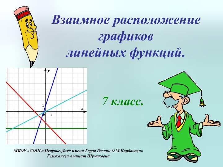 Взаимное расположение графиков линейных функций.7 класс.МКОУ «СОШ а.Псаучье-Дахе имени Героя России О.М.Карданова»Гумжачева Аминат Шумаховна