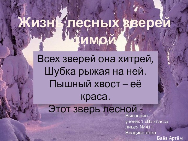 Жизнь лесных зверей зимойВсех зверей она хитрей,Шубка рыжая на ней.Пышный хвост –