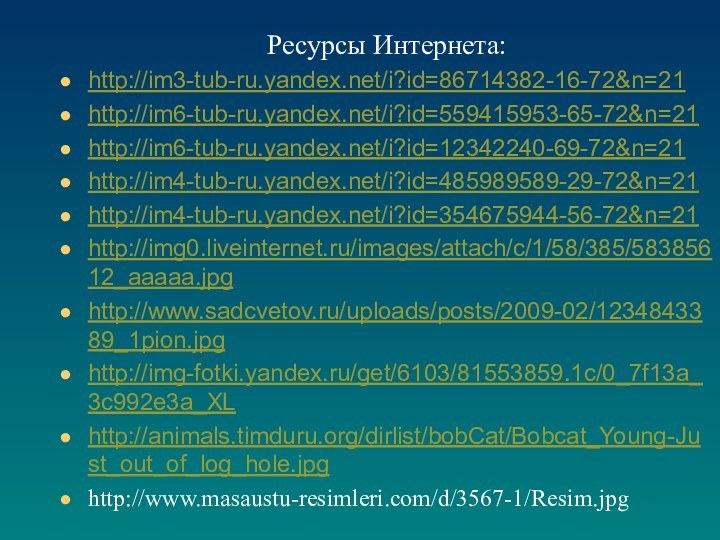 Ресурсы Интернета:http://im3-tub-ru.yandex.net/i?id=86714382-16-72&n=21http://im6-tub-ru.yandex.net/i?id=559415953-65-72&n=21http://im6-tub-ru.yandex.net/i?id=12342240-69-72&n=21http://im4-tub-ru.yandex.net/i?id=485989589-29-72&n=21http://im4-tub-ru.yandex.net/i?id=354675944-56-72&n=21http://img0.liveinternet.ru/images/attach/c/1/58/385/58385612_aaaaa.jpghttp://www.sadcvetov.ru/uploads/posts/2009-02/1234843389_1pion.jpghttp://img-fotki.yandex.ru/get/6103/81553859.1c/0_7f13a_3c992e3a_XLhttp://animals.timduru.org/dirlist/bobCat/Bobcat_Young-Just_out_of_log_hole.jpghttp://www.masaustu-resimleri.com/d/3567-1/Resim.jpg