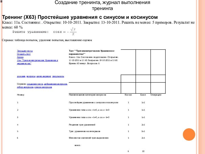 Создание тренинга, журнал выполнения тренингаТренинг (X63) Простейшие уравнения с синусом и косинусомКласс: