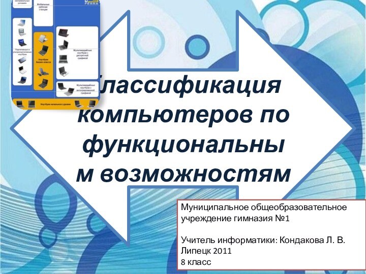 Классификация компьютеров по функциональным возможностямМуниципальное общеобразовательное учреждение гимназия №1Учитель информатики: Кондакова Л. В.Липецк 20118 класс