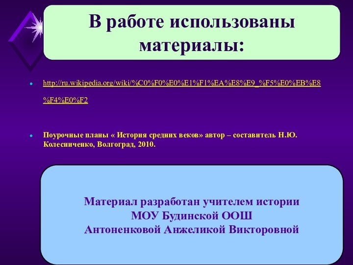 Материал разработан учителем историиМОУ Будинской ООШАнтоненковой Анжеликой Викторовнойhttp://ru.wikipedia.org/wiki/%C0%F0%E0%E1%F1%EA%E8%E9_%F5%E0%EB%E8%F4%E0%F2 Поурочные планы « История