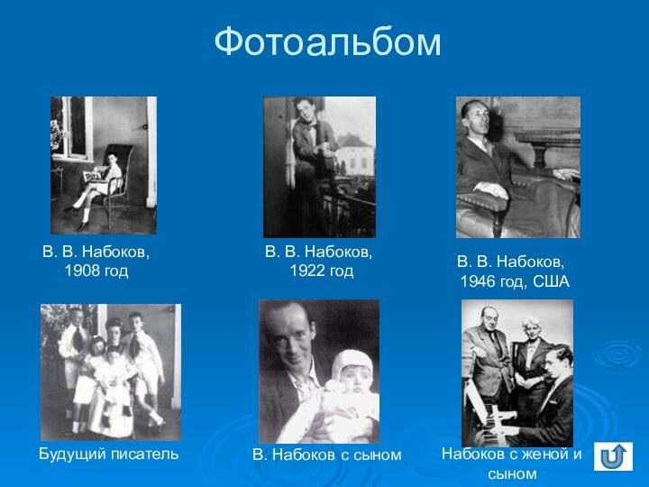 Фотоальбом В. В. Набоков, 1908 годВ. Набоков с сыномВ. В. Набоков, 1922