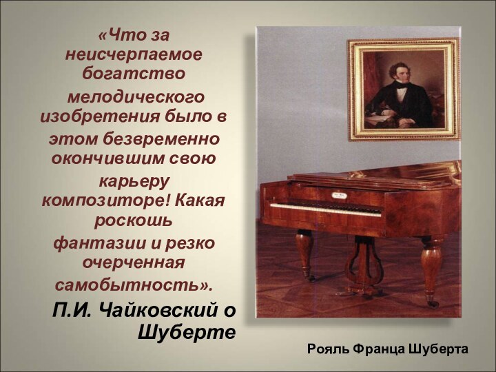 Рояль Франца Шуберта«Что за неисчерпаемое богатство мелодического изобретения было вэтом безвременно окончившим