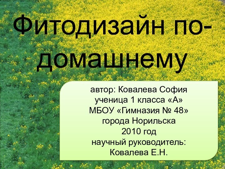 Фитодизайн по-домашнемуавтор: Ковалева Софияученица 1 класса «А»МБОУ «Гимназия № 48»города Норильска2010 годнаучный руководитель:Ковалева Е.Н.