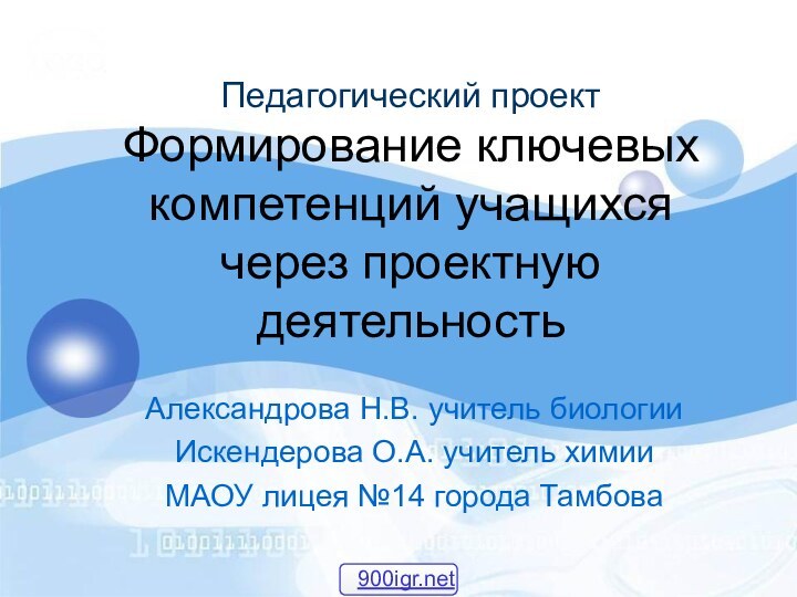 Педагогический проект Формирование ключевых компетенций учащихся  через проектную деятельностьАлександрова Н.В. учитель