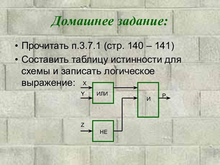 Домашнее задание:Прочитать п.3.7.1 (стр. 140 – 141)Составить таблицу истинности для схемы и записать логическое выражение:XYZPИЛИНЕИY