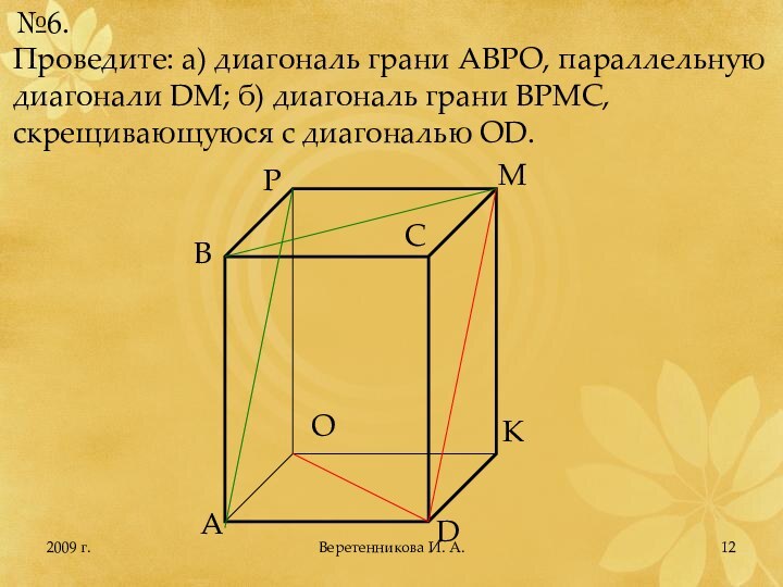 2009 г.№6.Проведите: а) диагональ грани АВРО, параллельную диагонали DM; б) диагональ грани