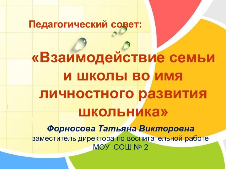 Педагогический совет:«Взаимодействие семьи и школы во имя личностного развития школьника»Форносова Татьяна Викторовназаместитель