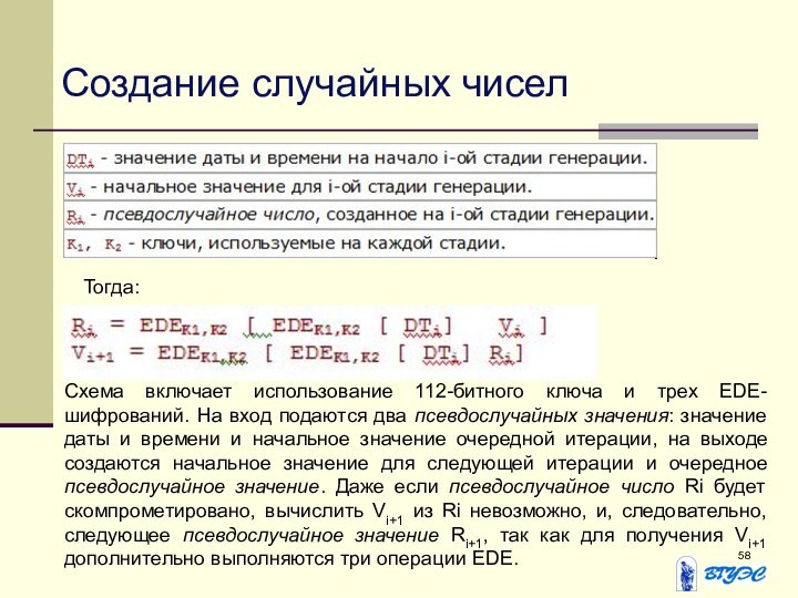 Создание случайных чиселТогда:Схема включает использование 112-битного ключа и трех EDE-шифрований. На вход