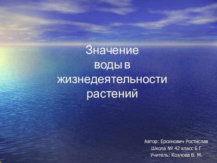 Значение воды в жизнедеятельности растений Автор: Ерохнович Ростислав Школа № 42 класс