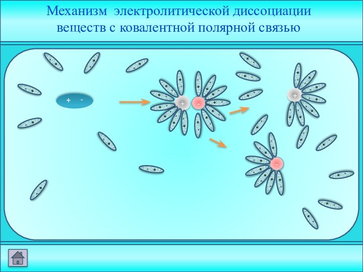 Механизм электролитической диссоциации веществ с ковалентной полярной связью-   +-