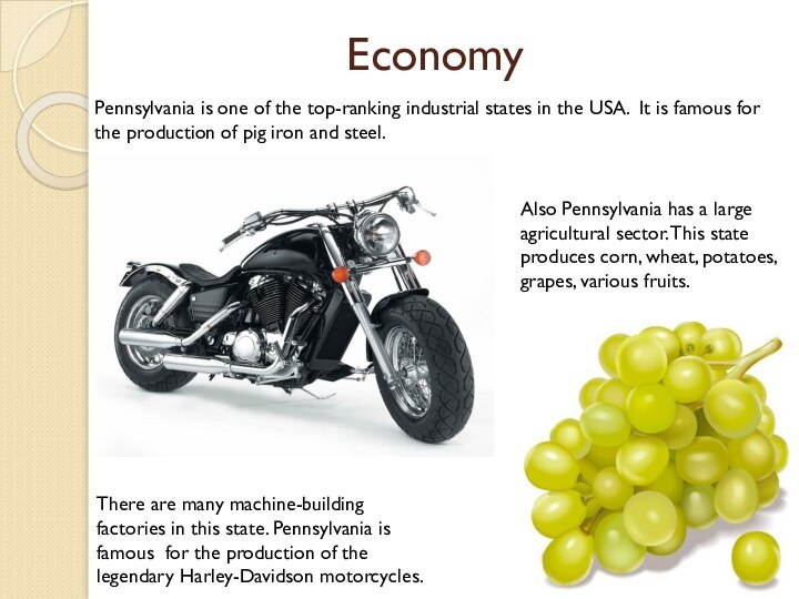 EconomyPennsylvania is one of the top-ranking industrial states in the USA. It