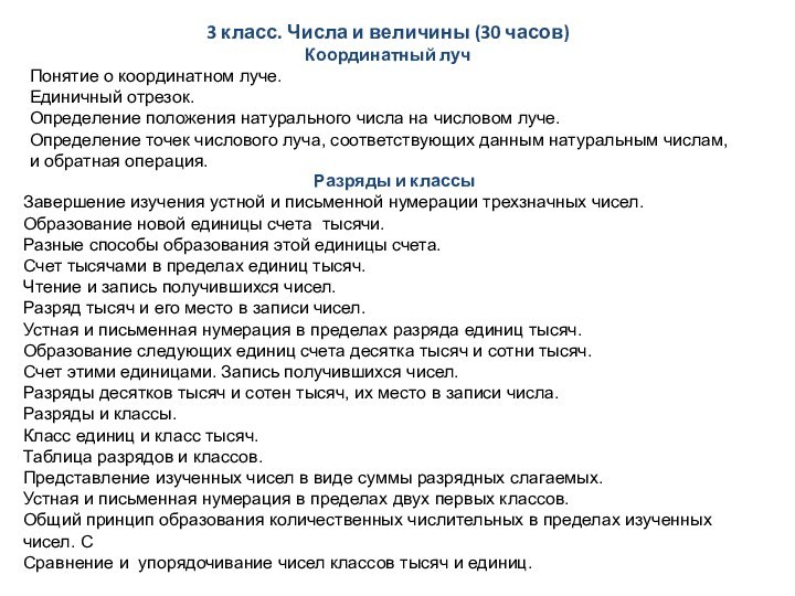 3 класс. Числа и величины (30 часов)Координатный лучПонятие о координатном луче. Единичный