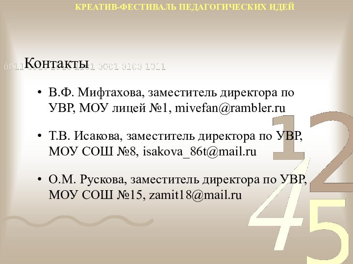 КонтактыВ.Ф. Мифтахова, заместитель директора по УВР, МОУ лицей №1, mivefan@rambler.ruТ.В. Исакова, заместитель