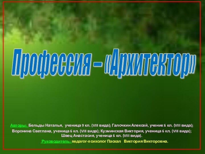 Профессия – «Архитектор» Авторы: Бельды Наталья, ученица 9 кл. (VIII вида); Галочкин