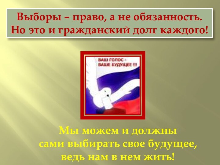 Выборы – право, а не обязанность. Но это и гражданский долг каждого!