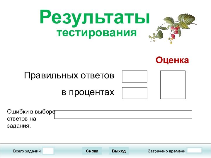 Всего заданийЗатрачено времениСноваВыходПравильных ответовв процентахОценкаРезультаты  тестированияОшибки в выборе ответов на задания: