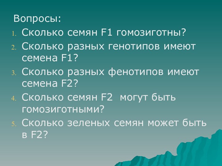 Вопросы:Сколько семян F1 гомозиготны?Сколько разных генотипов имеют семена F1?Сколько разных фенотипов имеют