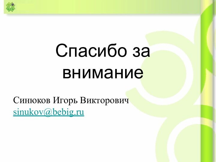 Спасибо за вниманиеСинюков Игорь Викторовичsinukov@bebig.ru