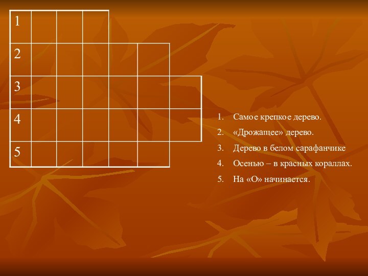 Самое крепкое дерево.«Дрожащее» дерево.Дерево в белом сарафанчикеОсенью – в красных кораллах.На «О» начинается.