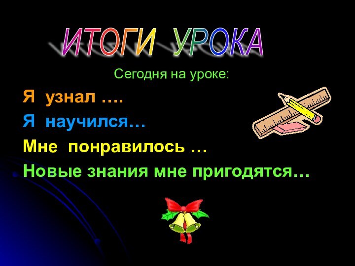 Сегодня на уроке:Я узнал ….Я научился…Мне понравилось …Новые знания мне пригодятся…ИТОГИ УРОКА