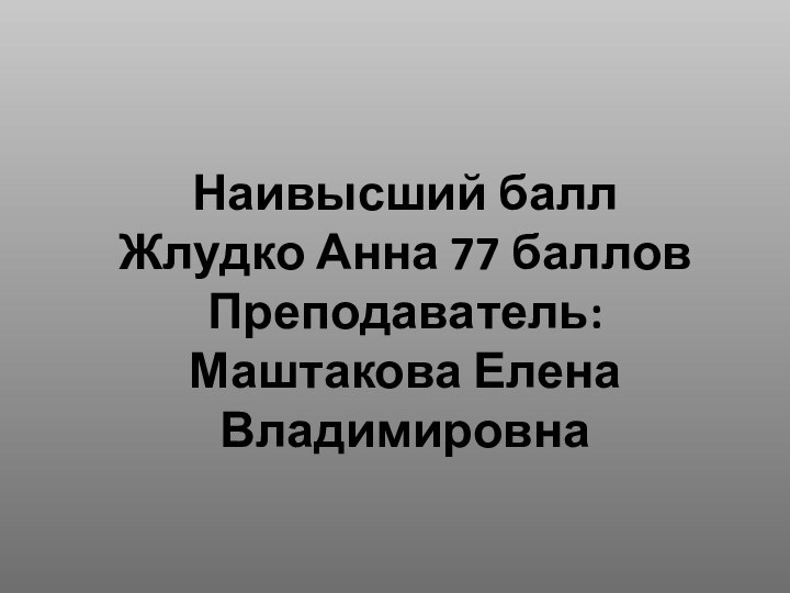 Наивысший баллЖлудко Анна 77 балловПреподаватель: Маштакова Елена Владимировна