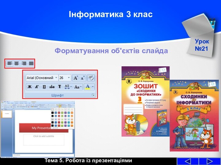 Інформатика 3 класФорматування об'єктів слайдаУрок №21Тема 5. Робота із презентаціями