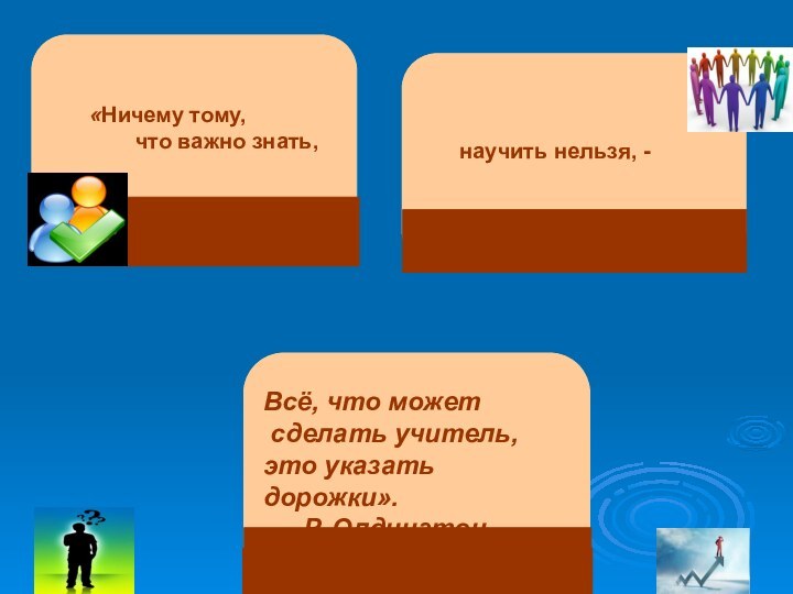 «Ничему тому,	 что важно знать, 		научить нельзя, -Всё, что может сделать учитель,это указать дорожки».	Р. Олдингтон