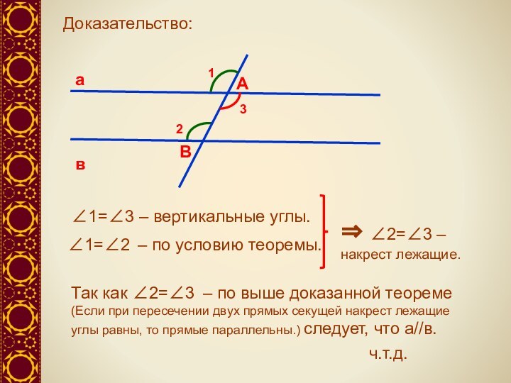 авАВ12Доказательство:3∠1=∠3 – вертикальные углы.Так как ∠2=∠3 – по выше доказанной теореме (Если