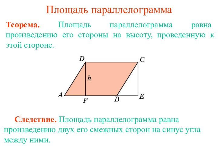 Площадь параллелограммаТеорема. Площадь параллелограмма равна произведению его стороны на высоту, проведенную к