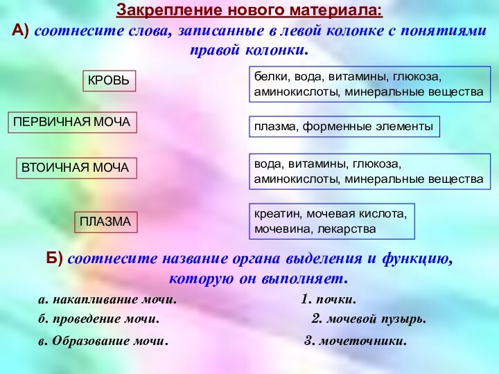 Закрепление нового материала:  А) соотнесите слова, записанные в левой колонке с