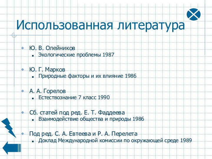 Использованная литератураЮ. В. ОлейниковЭкологические проблемы 1987  Ю. Г. МарковПриродные факторы и