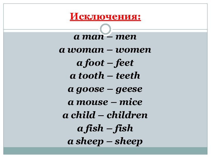 Исключения:a man – men a woman – women a foot – feet