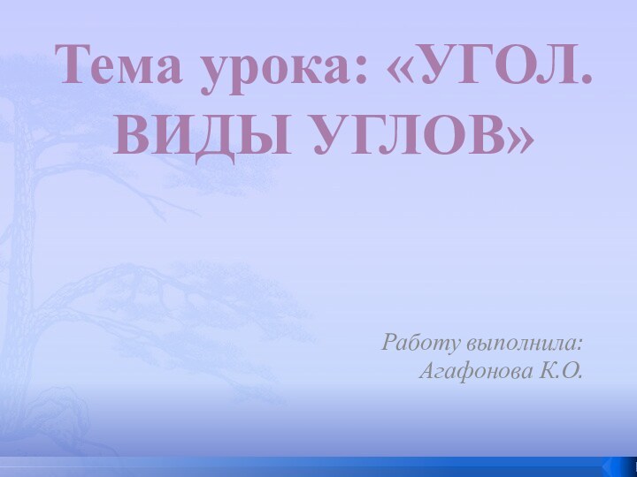 Работу выполнила:Агафонова К.О.Тема урока: «УГОЛ. ВИДЫ УГЛОВ»