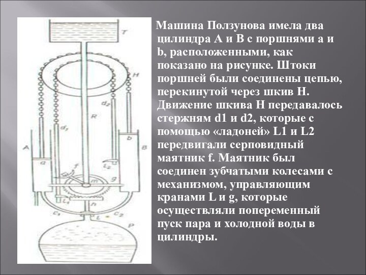 Машина Ползунова имела два цилиндра А и В с