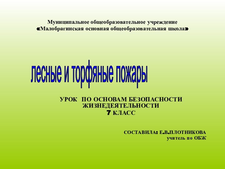 Муниципальное общеобразовательное учреждение «Малобрагинская основная общеобразовательная школа»УРОК ПО ОСНОВАМ БЕЗОПАСНОСТИ ЖИЗНЕДЕЯТЕЛЬНОСТИ7 КЛАСССОСТАВИЛА: