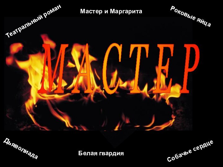 Театральный романРоковые яйцаДьяволиадаСобачье сердцеМастер и МаргаритаБелая гвардияМ А С Т Е Р