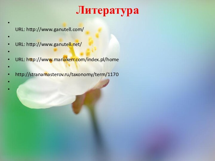 Литература  URL: http://www.ganutell.com/ URL: http://www.ganutell.net/ URL: http://www.mariakerr.com/index.pl/home http://stranamasterov.ru/taxonomy/term/1170  