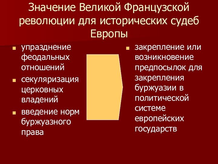 Значение Великой Французской революции для исторических судеб Европыупразднение феодальных отношенийсекуляризация церковных владенийвведение