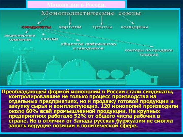 Монополии в России.Преобладающей формой монополий в России стали синдикаты, контролировавшие не только