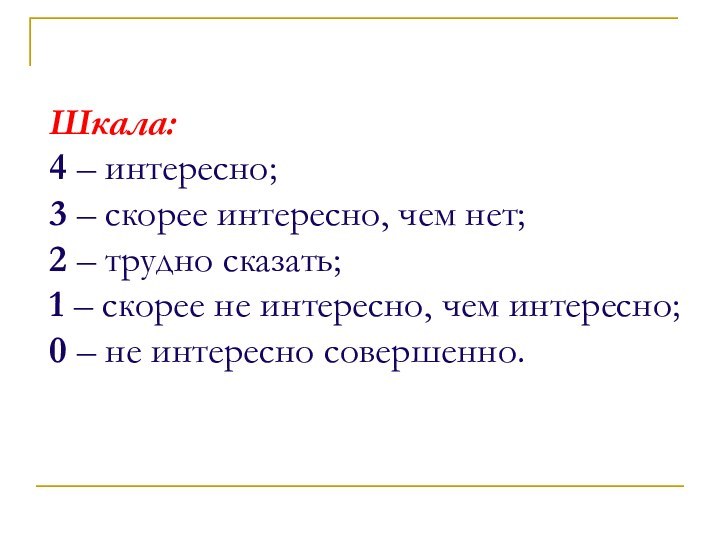 Шкала: 4 – интересно; 3 – скорее интересно, чем нет; 2 –