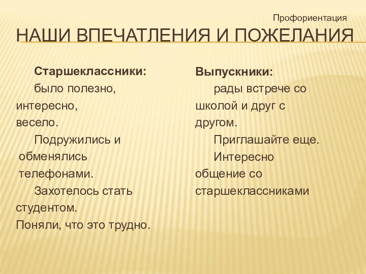 НАШИ ВПЕЧАТЛЕНИЯ И ПОЖЕЛАНИЯ	Старшеклассники:	было полезно,интересно,весело. 	Подружились и обменялись телефонами.	Захотелось статьстудентом.Поняли, что это