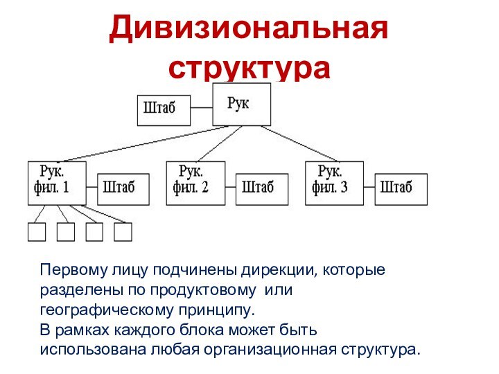 Дивизиональная структураПервому лицу подчинены дирекции, которые разделены по продуктовому или географическому принципу.В